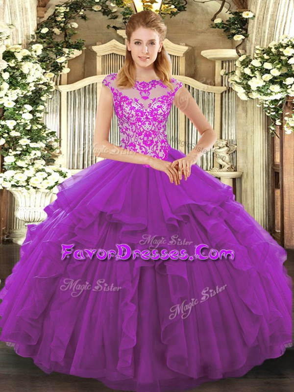  Cap Sleeves Organza Floor Length Lace Up Quince Ball Gowns in Purple with Beading and Ruffles