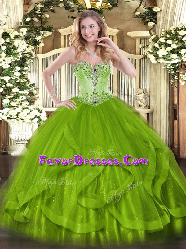 Top Selling Organza Sweetheart Sleeveless Lace Up Beading and Ruffles Quinceanera Dresses in Olive Green