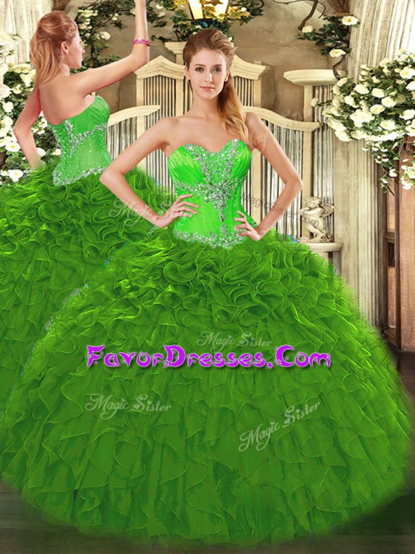 Hot Selling Green Organza Lace Up Sweet 16 Quinceanera Dress Sleeveless Floor Length Beading and Ruffles