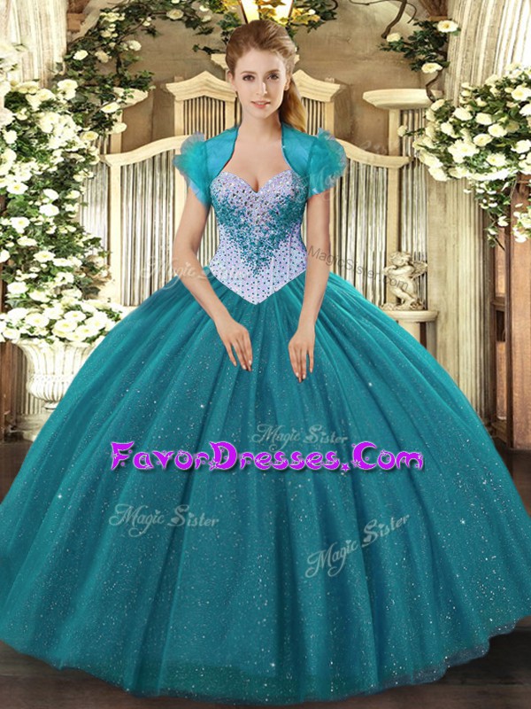 Exceptional Teal Sweetheart Neckline Beading and Sequins Quinceanera Dress Sleeveless Lace Up