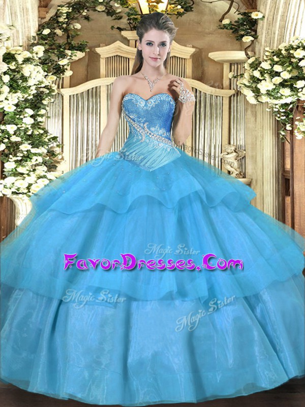  Aqua Blue Ball Gowns Tulle Sweetheart Sleeveless Beading and Ruffled Layers Floor Length Lace Up Ball Gown Prom Dress