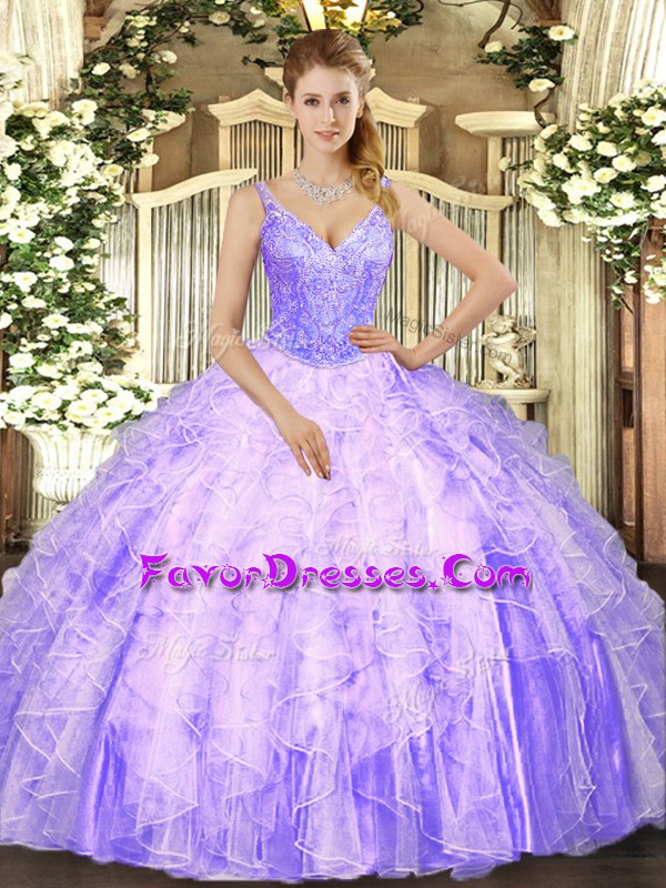  Lavender Tulle Lace Up Quinceanera Dresses Sleeveless Floor Length Beading and Ruffles