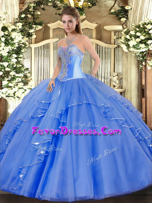 Best Blue Quinceanera Gowns Military Ball and Sweet 16 and Quinceanera with Beading and Ruffles Sweetheart Sleeveless Lace Up