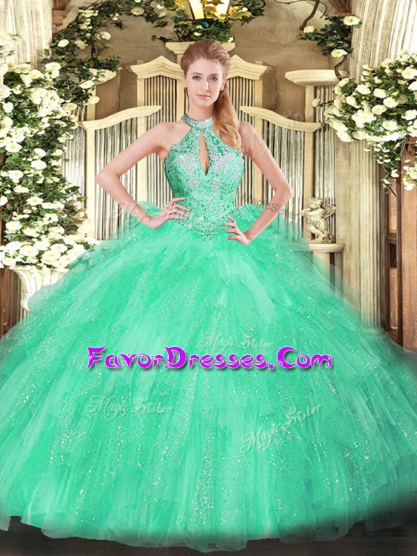 Luxury Apple Green Lace Up Sweet 16 Quinceanera Dress Beading and Ruffles Sleeveless Floor Length