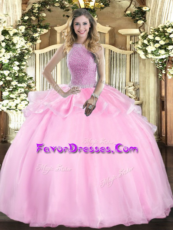 Affordable Pink Sleeveless Beading Floor Length Sweet 16 Quinceanera Dress