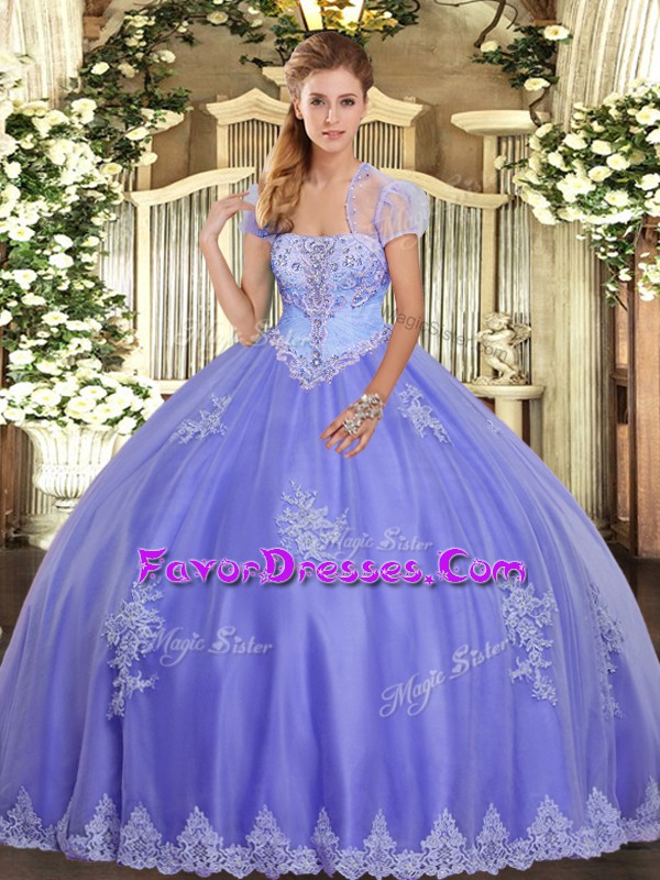  Lavender Strapless Lace Up Appliques 15 Quinceanera Dress Sleeveless