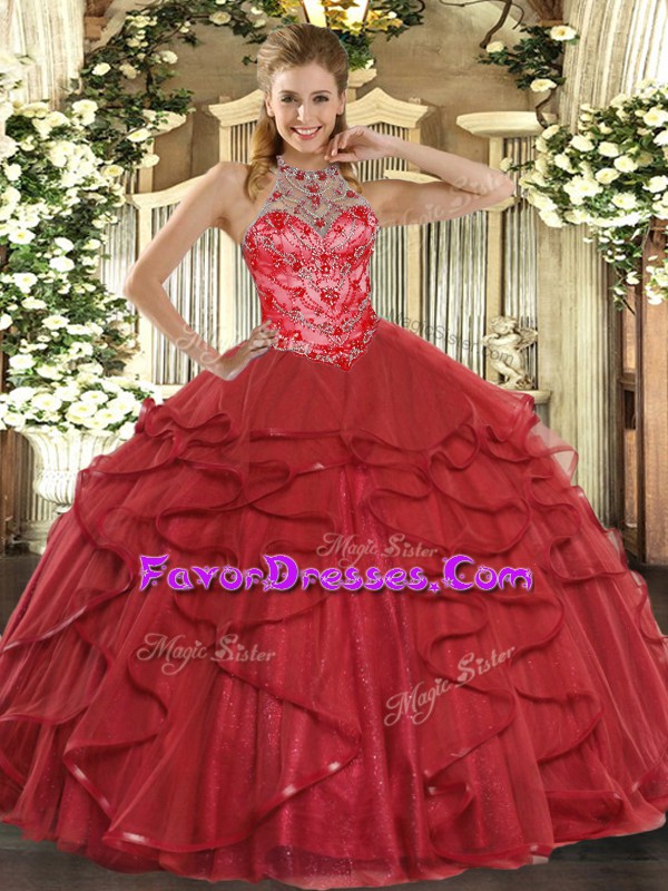 Most Popular Coral Red Ball Gowns Beading and Ruffles 15th Birthday Dress Lace Up Organza Sleeveless Floor Length