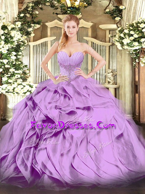 Glorious Sleeveless Floor Length Beading and Ruffles Lace Up Quinceanera Gowns with Lavender