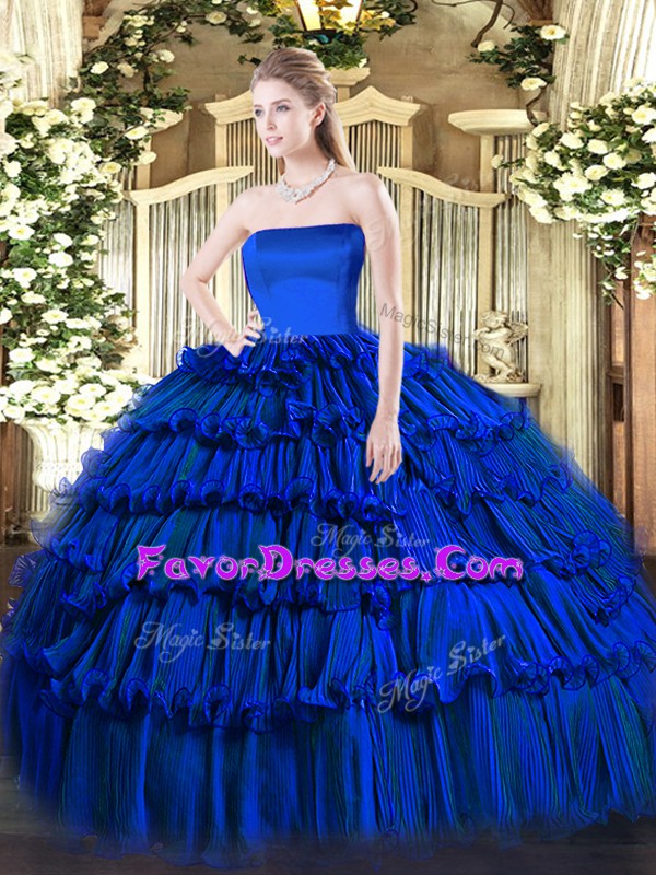  Royal Blue Ball Gowns Ruffled Layers Sweet 16 Dresses Zipper Organza Sleeveless Floor Length