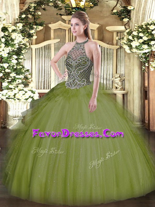 Vintage Olive Green Lace Up Vestidos de Quinceanera Beading Sleeveless Floor Length