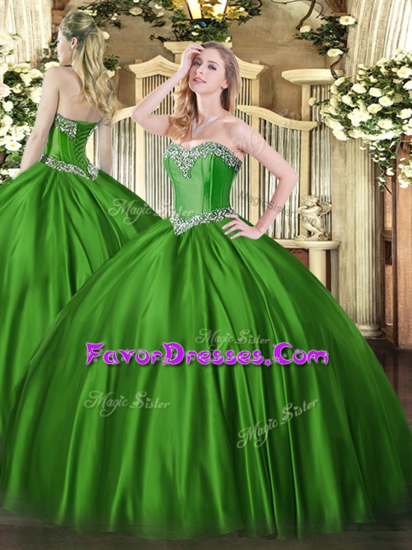  Green Satin Lace Up 15th Birthday Dress Sleeveless Floor Length Beading