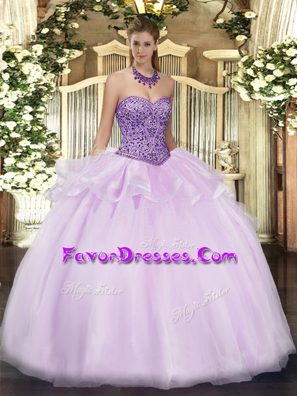 Ideal Lavender Zipper Ball Gown Prom Dress Beading and Ruffles Sleeveless Floor Length