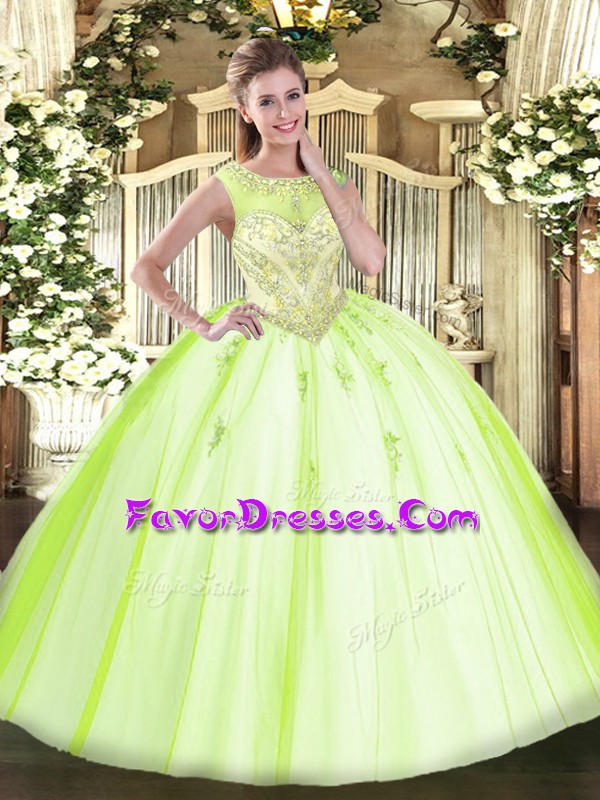 Custom Made Tulle Sleeveless Floor Length 15th Birthday Dress and Beading and Appliques