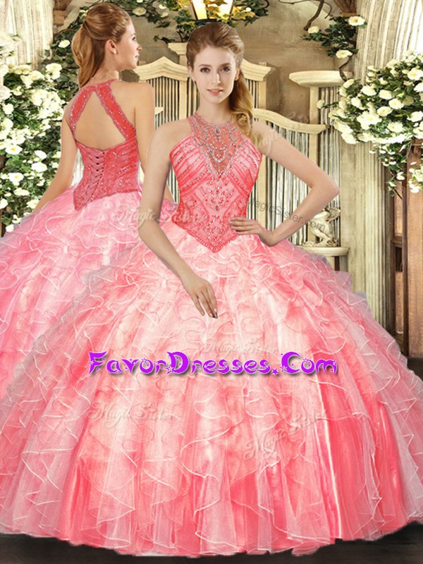 Glamorous Watermelon Red Sleeveless Floor Length Beading and Ruffles Lace Up Sweet 16 Dresses