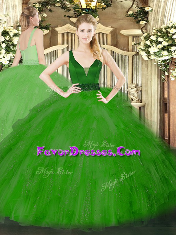 Exceptional Floor Length Green Sweet 16 Dress Straps Sleeveless Zipper