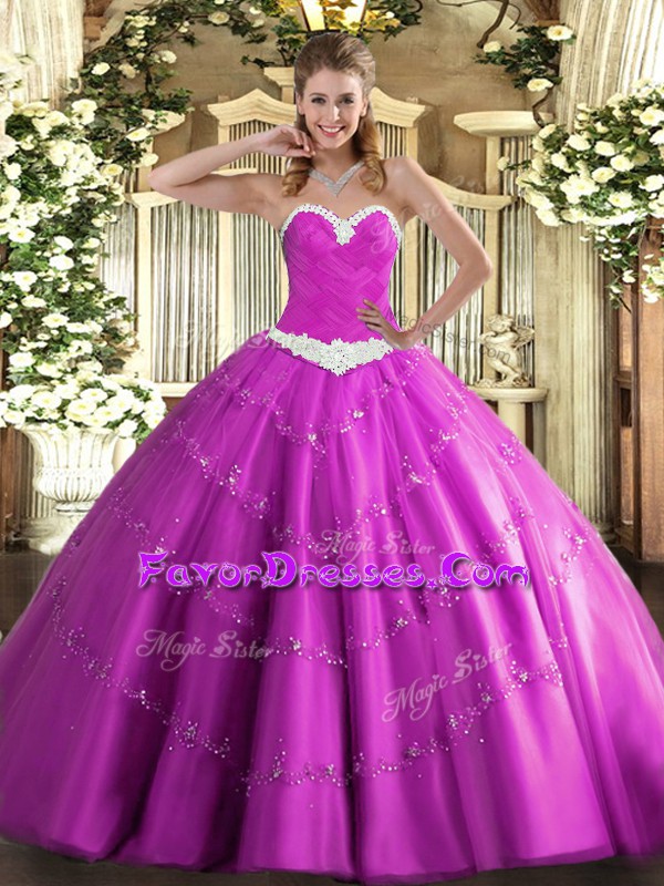Super Sweetheart Sleeveless Lace Up 15 Quinceanera Dress Fuchsia Tulle