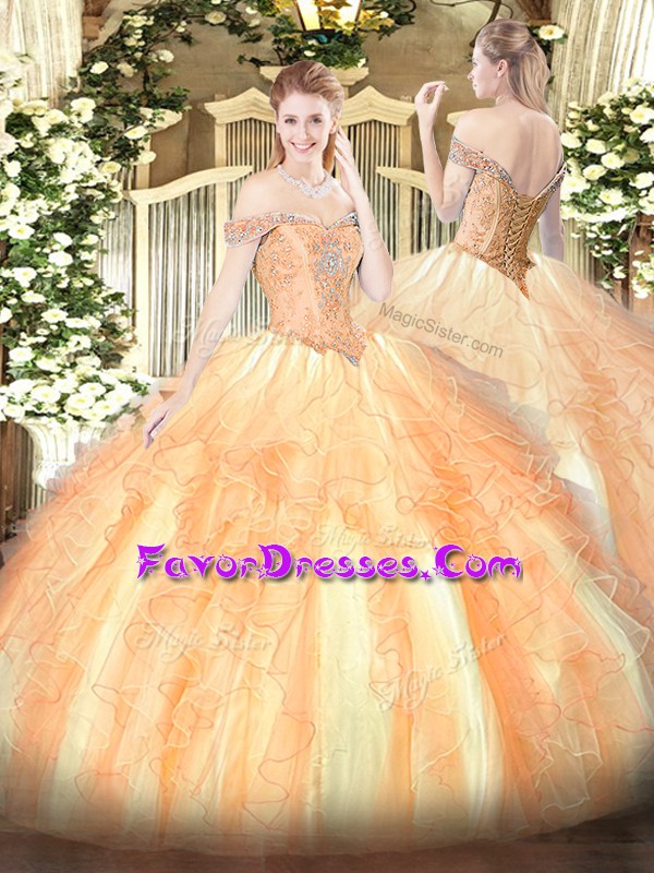  Multi-color Ball Gowns Tulle Off The Shoulder Sleeveless Beading and Ruffles Floor Length Lace Up Quinceanera Dress