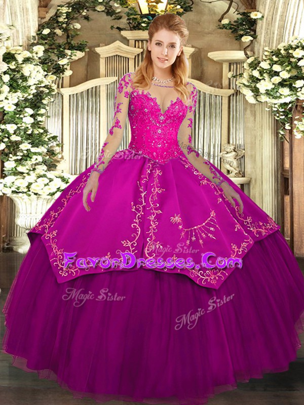  Long Sleeves Floor Length Lace and Embroidery Lace Up 15th Birthday Dress with Fuchsia