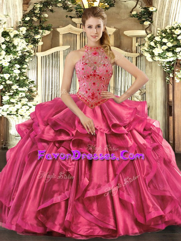 Designer Hot Pink Organza Lace Up Sweet 16 Dresses Sleeveless Floor Length Beading and Embroidery and Ruffles