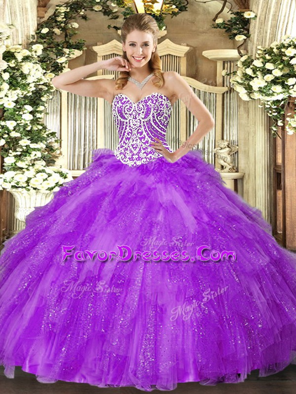  Sweetheart Sleeveless Tulle 15 Quinceanera Dress Beading and Ruffles Lace Up