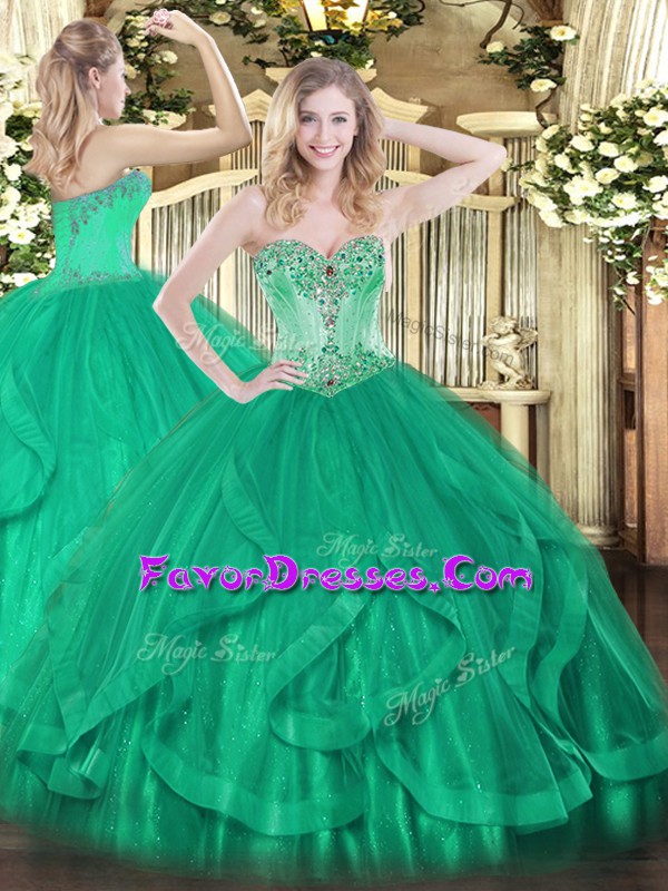  Beading and Ruffles Quinceanera Gowns Turquoise Lace Up Sleeveless Floor Length