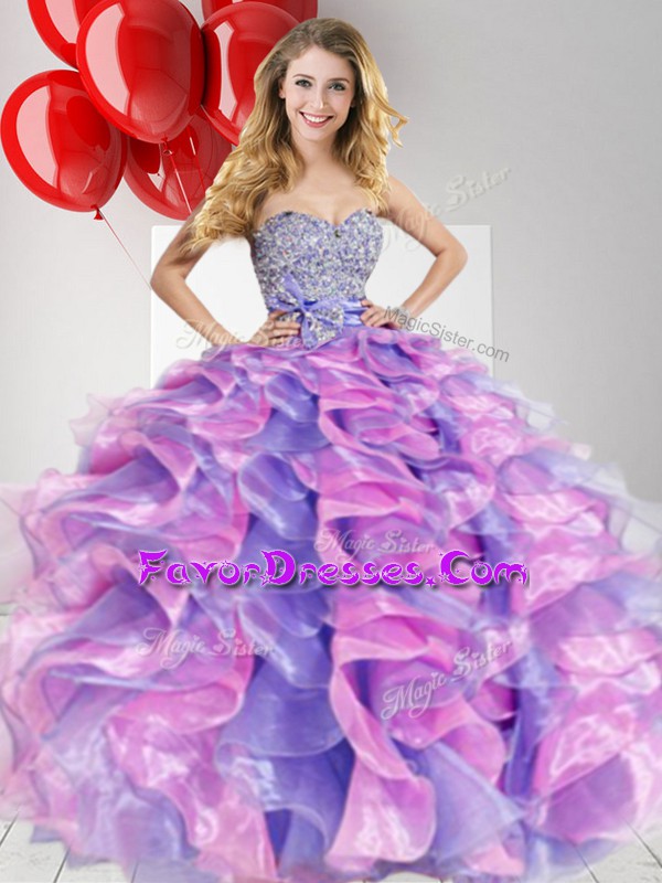 Comfortable Multi-color Ball Gowns Sweetheart Sleeveless Organza Floor Length Zipper Beading and Ruffles and Bowknot Quince Ball Gowns