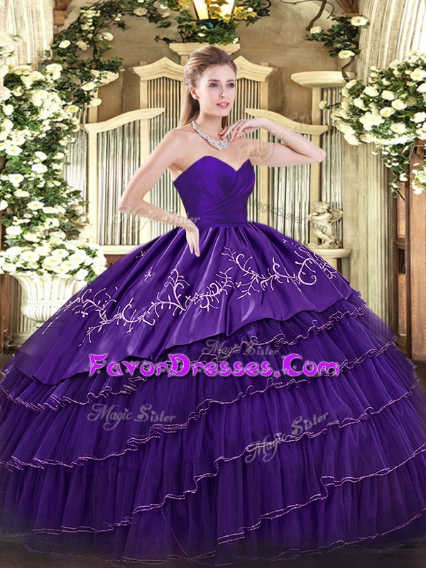  Purple Sweetheart Neckline Embroidery and Ruffled Layers Quince Ball Gowns Sleeveless Zipper