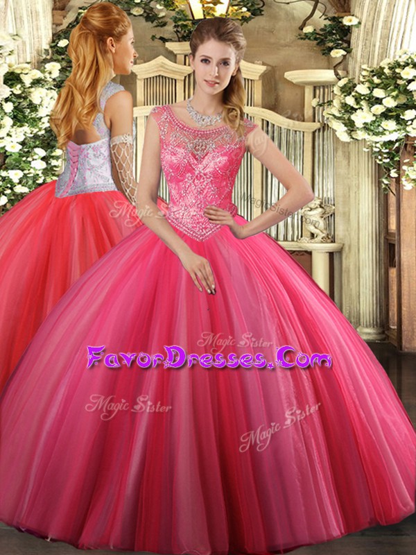 Discount Ball Gowns Quinceanera Gown Coral Red Scoop Tulle Sleeveless Floor Length Lace Up