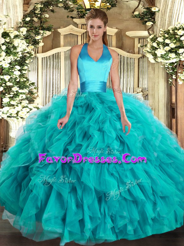  Turquoise Lace Up Quinceanera Gowns Ruffles Sleeveless Floor Length