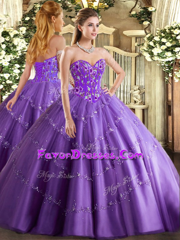  Lavender Lace Up 15th Birthday Dress Appliques and Embroidery Sleeveless Floor Length