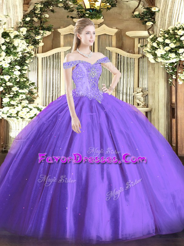  Off The Shoulder Sleeveless Quinceanera Dresses Floor Length Beading Lavender Tulle