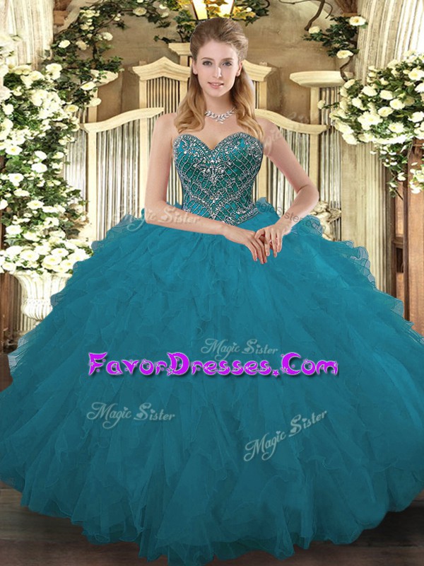  Teal Lace Up Sweetheart Beading and Ruffled Layers Vestidos de Quinceanera Tulle Sleeveless