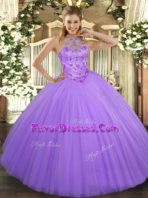 Pretty Floor Length Ball Gowns Sleeveless Lavender Quinceanera Gowns Lace Up