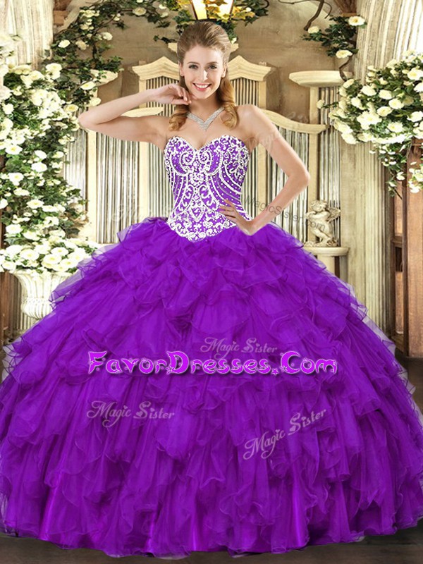 Customized Purple Sweet 16 Dresses Military Ball and Sweet 16 and Quinceanera with Beading and Ruffles Sweetheart Sleeveless Lace Up