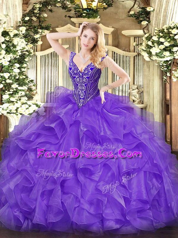 Attractive Beading and Ruffles Quinceanera Gown Lavender Lace Up Sleeveless Floor Length