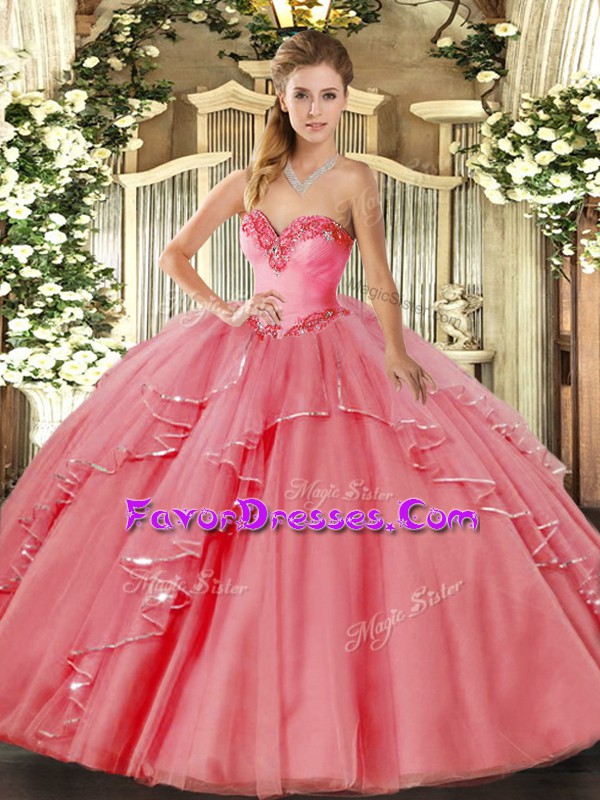 Enchanting Watermelon Red Ball Gowns Beading and Ruffled Layers 15th Birthday Dress Lace Up Tulle Sleeveless Floor Length