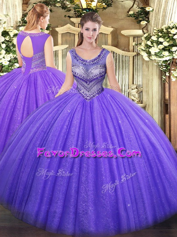 Hot Sale Lavender Sleeveless Beading Floor Length Sweet 16 Dress