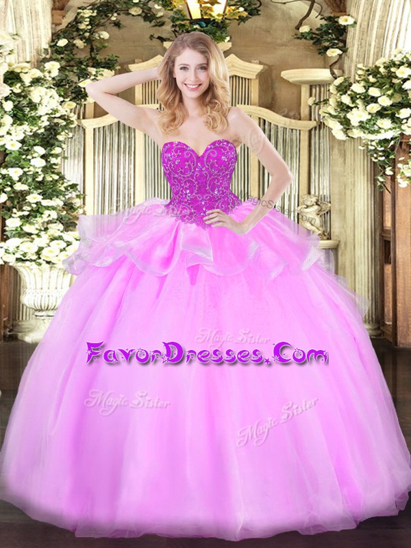 Eye-catching Baby Pink Ball Gowns Beading Sweet 16 Dress Lace Up Organza Sleeveless Floor Length
