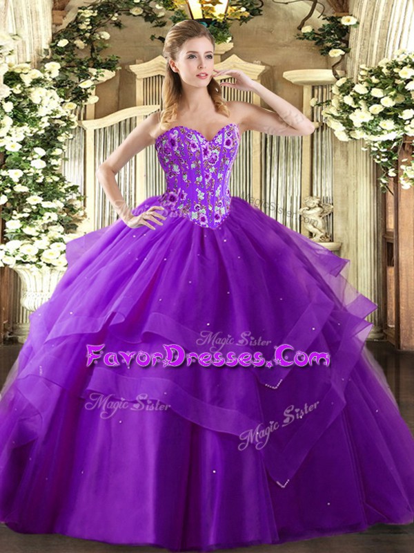 Dramatic Eggplant Purple Tulle Lace Up Quince Ball Gowns Sleeveless Floor Length Embroidery and Ruffled Layers