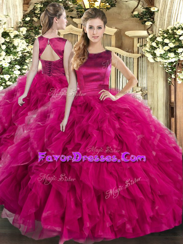  Fuchsia Quinceanera Gown Military Ball and Sweet 16 and Quinceanera with Ruffles Scoop Sleeveless Lace Up