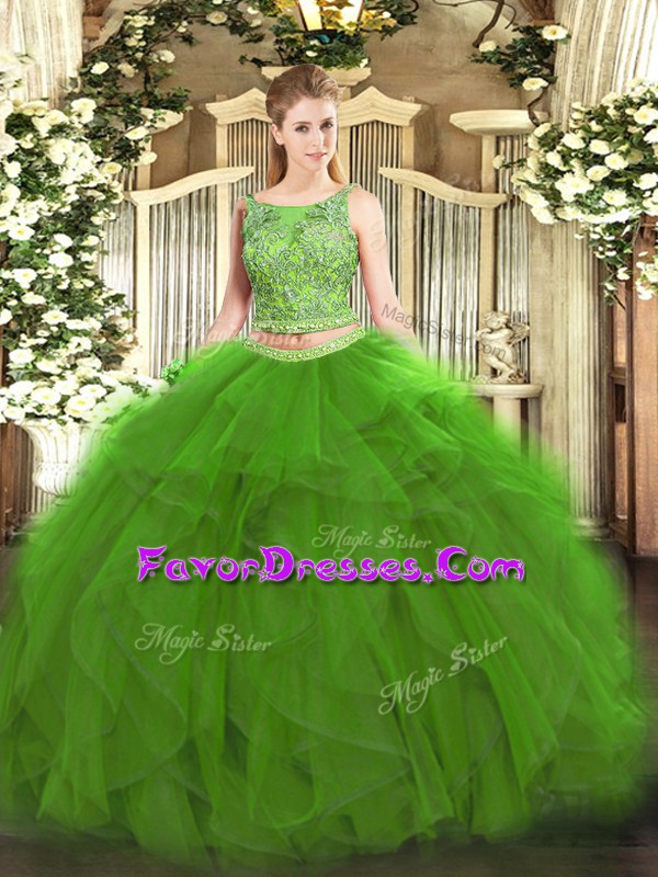 Flirting Green Tulle Lace Up 15th Birthday Dress Sleeveless Floor Length Beading and Ruffles