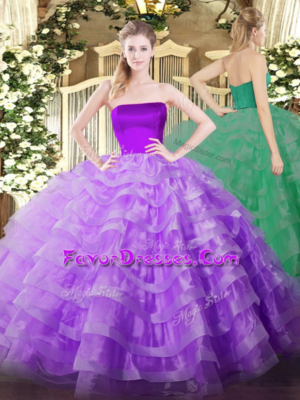  Tulle Strapless Sleeveless Zipper Ruffled Layers 15 Quinceanera Dress in Lilac