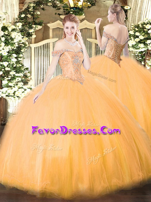 Sophisticated Orange Lace Up Off The Shoulder Beading Sweet 16 Quinceanera Dress Tulle Sleeveless