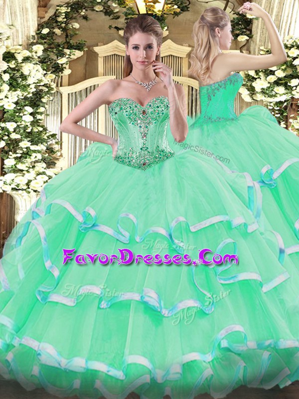  Sweetheart Sleeveless Quinceanera Gowns Floor Length Beading and Ruffles Apple Green Organza