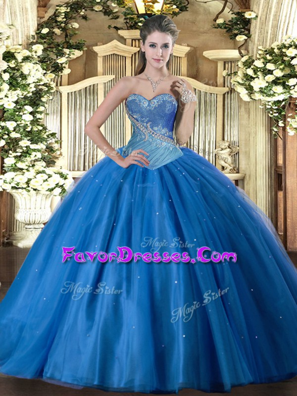  Sweetheart Sleeveless Sweet 16 Dresses Floor Length Beading Blue Tulle