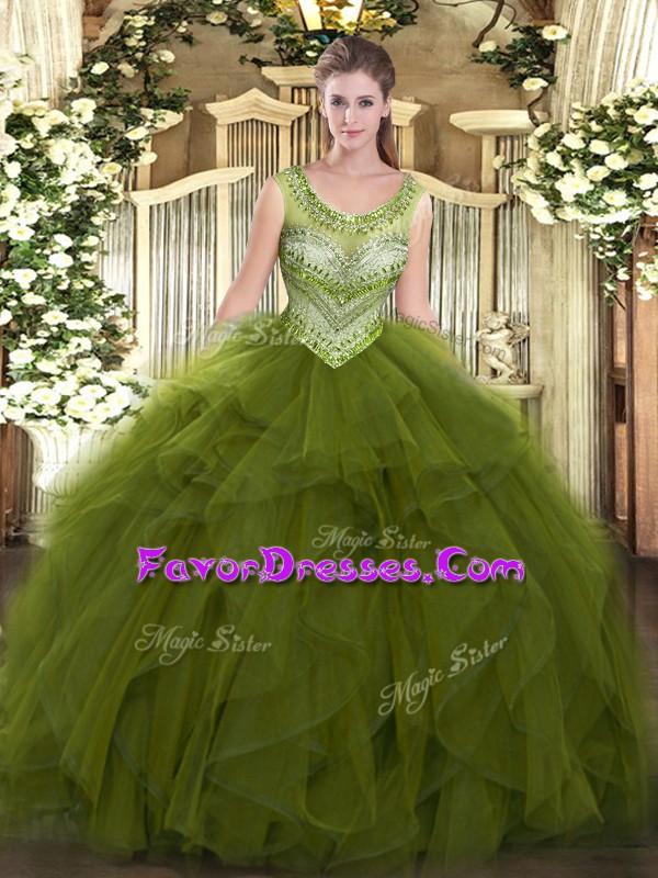  Sleeveless Tulle Floor Length Lace Up 15th Birthday Dress in Olive Green with Beading and Ruffles