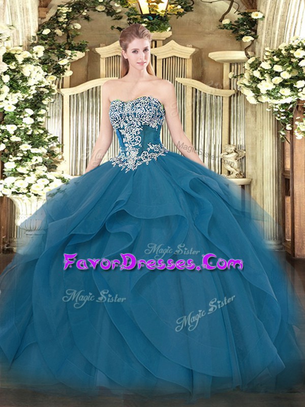  Teal Tulle Lace Up Quince Ball Gowns Sleeveless Floor Length Beading and Ruffles