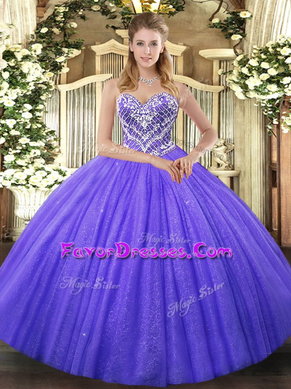  Purple Lace Up Sweetheart Beading Ball Gown Prom Dress Tulle Sleeveless