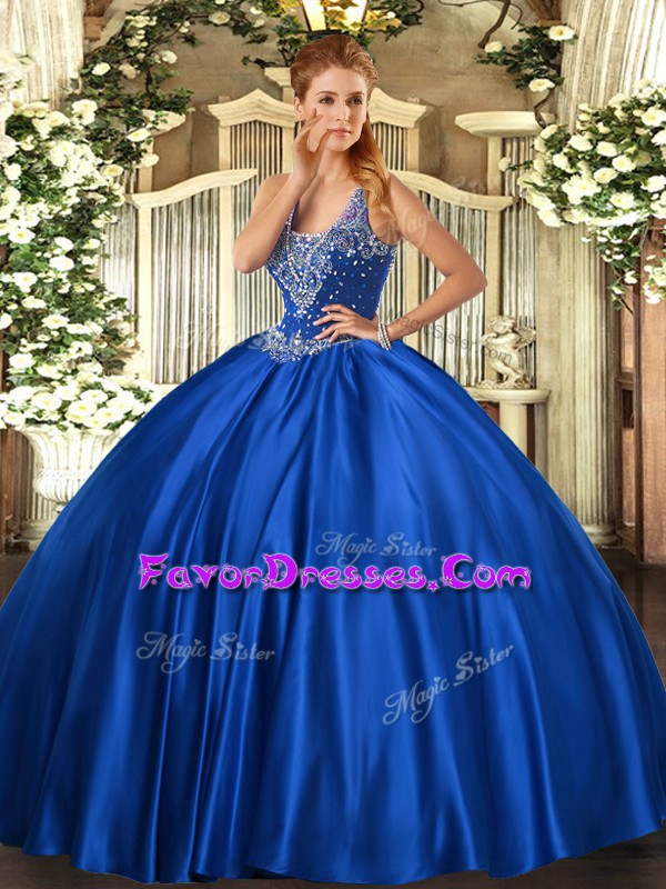Stunning Royal Blue Quinceanera Dress Military Ball and Sweet 16 and Quinceanera with Beading Straps Sleeveless Lace Up