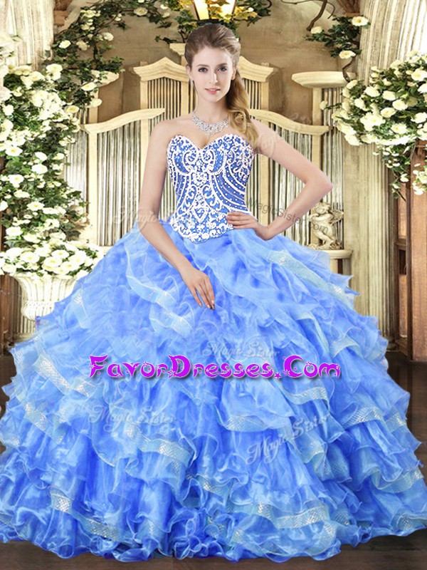  Blue Sleeveless Floor Length Beading and Ruffled Layers Lace Up 15 Quinceanera Dress
